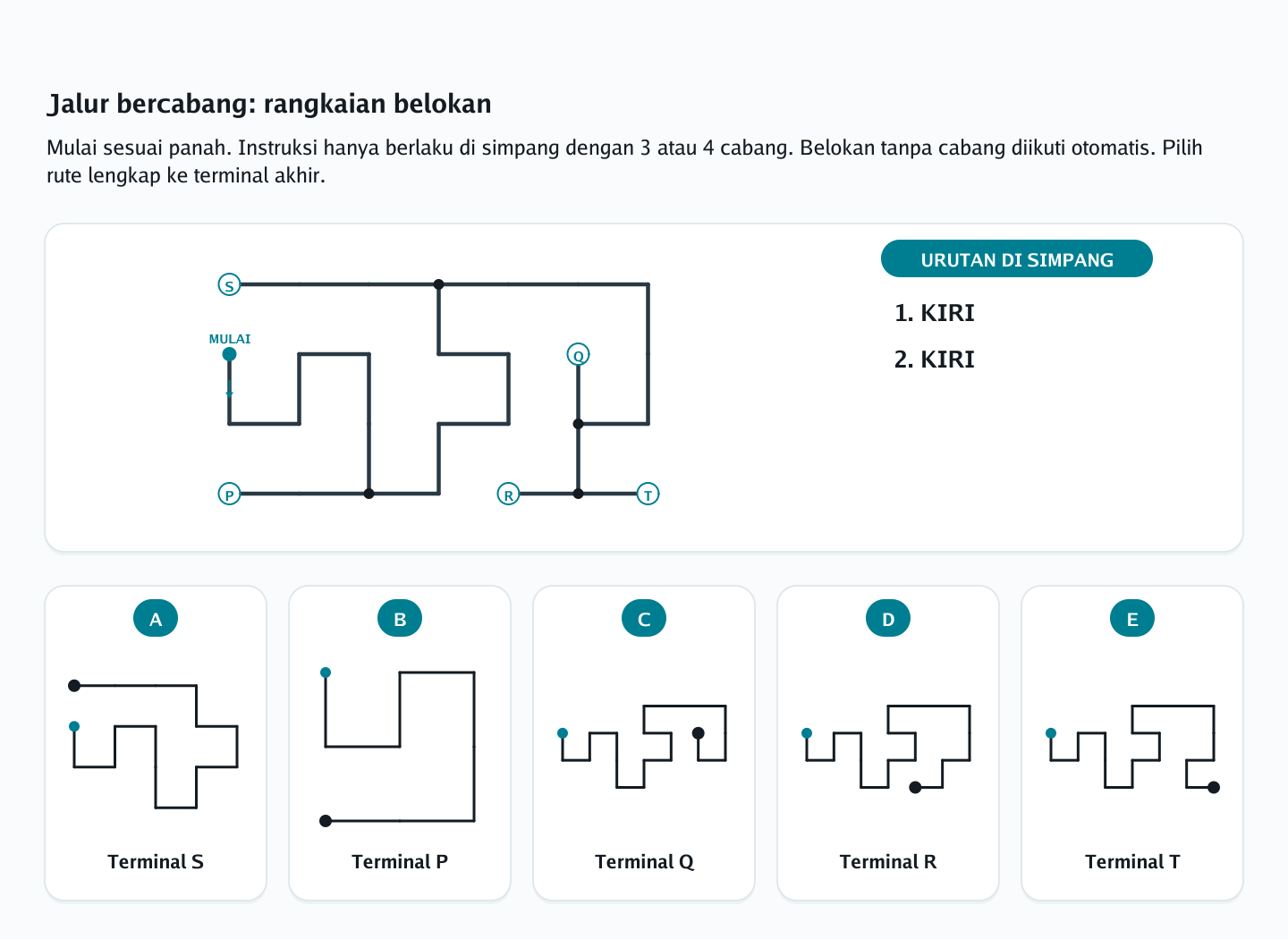 Soal penelusuran jalur bercabang nomor 10 — psikotes kemampuan spasial