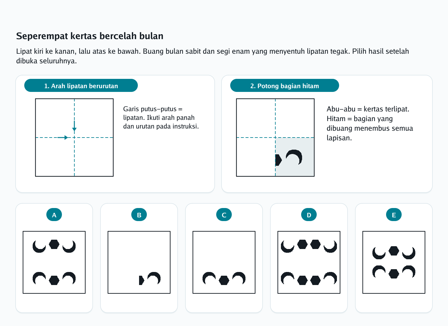 Soal lipatan dan potongan kertas nomor 15 — psikotes kemampuan spasial