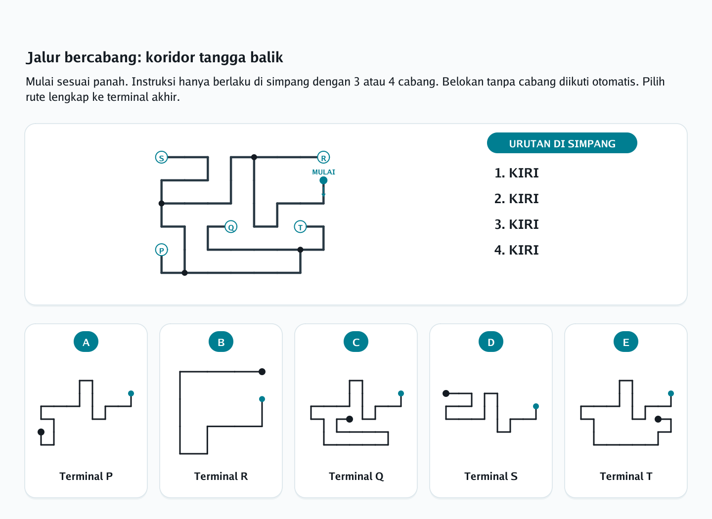 Soal penelusuran jalur bercabang nomor 20 — psikotes kemampuan spasial